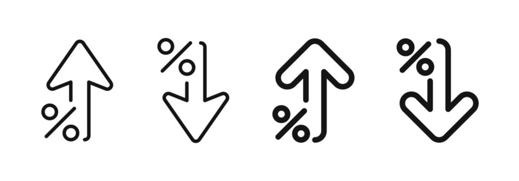 Percentage growth and decline icons. Percent arrow up and down. Percentage arrows. Persent arrow icon set.