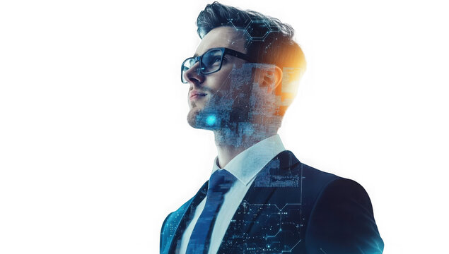 Tech Visionary: A portrait of a pensive businessman, his form interwoven with digital circuitry, symbolizing the fusion of human ingenuity and technological advancement.