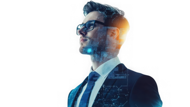Tech Visionary: A portrait of a pensive businessman, his form interwoven with digital circuitry, symbolizing the fusion of human ingenuity and technological advancement.