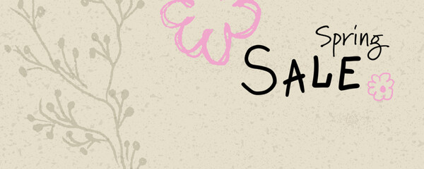 Pink floral spring sale banner with hand drawn doodle flowers, modern minimalist design, textured pastel background, elegant typography, trendy seasonal promotion. Vector illustration