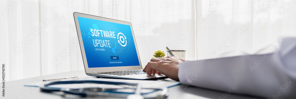 Poster software update on computer for brisk version of device software upgrade