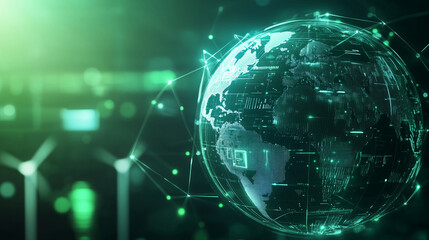 Futuristic green tech background featuring a transparent Earth globe, solar panels, and wind turbines interconnected by digital lines, symbolizing clean energy and sustainability.