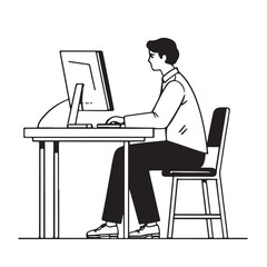 Man Working at Desk Computer Illustration Line Art