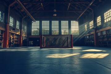 Fototapeta premium Industrial warehouse interior with sunlight streaming in