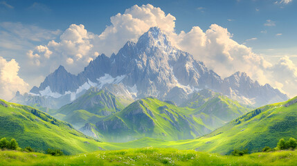 Fototapeta premium Majestic snow-capped mountain range, green valley, sunny day, travel poster