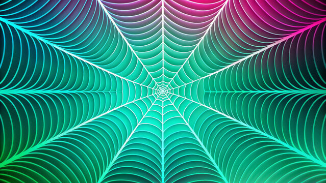 A symmetrical, web-like design radiates from the center with vibrant colors blending from pink to green. The intricate pattern creates a sense of depth and motion.AI