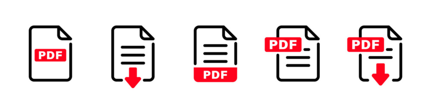 PDF file icons. PDF download document. Electronic documents file formats. PDF file format. Electronic documents vector icons