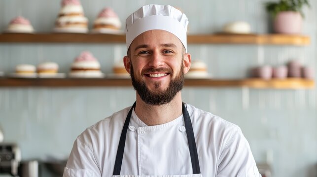 Smiling male baker in a white chef uniform stands in his bakery with pastries on shelves in the background. Bright, clean and friendly atmosphere.