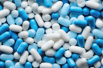 generated illustration of closeup medical pills and capsules on a blue background.