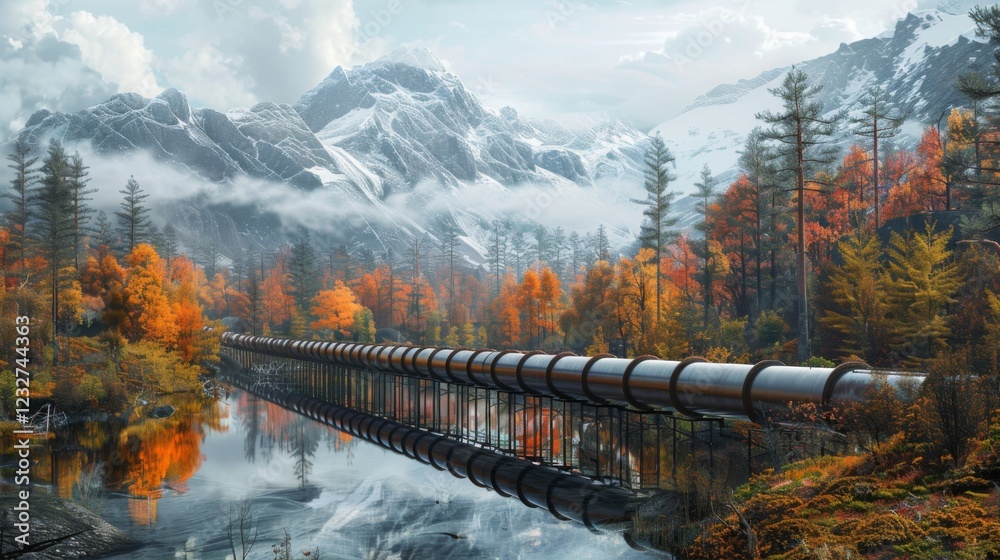 Poster vibrant autumn foliage surrounds a lengthy pipeline along a tranquil river, with towering snow cappe