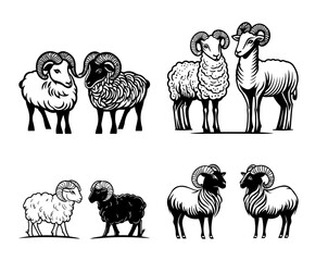Set of Ram Illustrations in Black and White