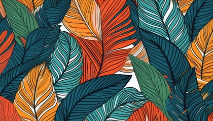 Vibrant Tropical Oasis Stunning Seamless Pattern Showcasing Exotic Leaves in a Breathtaking Abstraction, Ideal for Digital Art, Home Decor, and Design Inspiration.