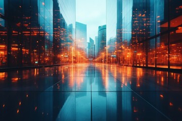 Obraz premium City street at sunset with glowing lights