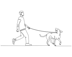 Continuous line drawing of man walking with dog on leash. Single line illustration of man with dog. National pet day concept. Editable outline
