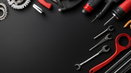Fototapeta premium Comprehensive Toolset Display Featuring Various Hand Tools, Gears, and Accessories on a Dark Surface for DIY and Repair Projects