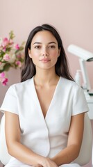 Naklejka premium Serene Young Woman In White Top, Soft Pink Background