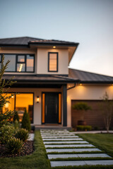 Fototapeta premium Modern Luxury Home Exterior at Dusk: Dream House Architecture and Landscaping