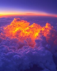 Aerial sunset view, vibrant cloudscape, horizon glow, atmospheric background, travel imagery