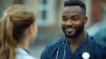 Smiling healthcare professional engages with colleague in a friendly conversation outside the hospital during daytime