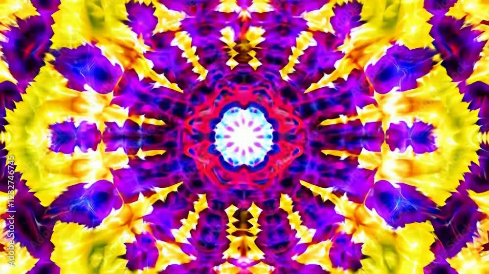 Poster a colorful design with a red center and blue and orange surrounding it. the design is made up of man