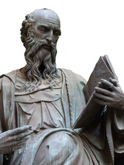 cutout on transparent background PNG file of the bronze statue of St. John the Evangelist from the year 1515 by Baccio da Montelupo in Florence, Italy.