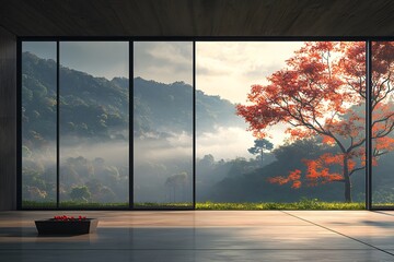 Naklejka premium Serene Minimalist Room with Floor to Ceiling Windows Showcasing Breathtaking Mountain and Autumn