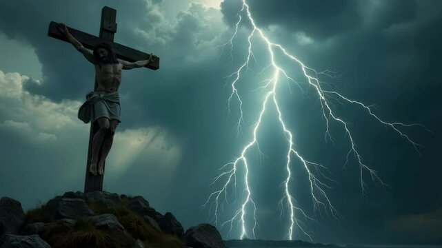 Jesus Christ crucified against the backdrop of lightning, Holy bible stories. Jesus christ believe.