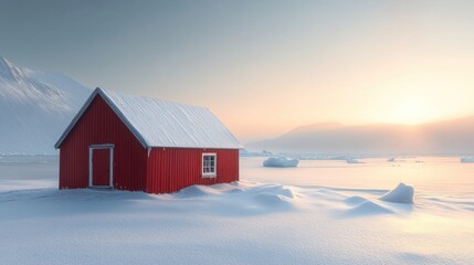 Arctic red hut sunrise snowy landscape