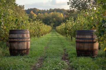Obraz premium Scenic vineyard field with wooden barrels