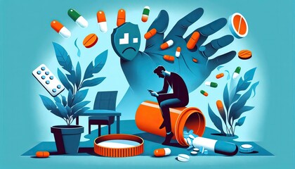 Businessman suffering from drug addiction sitting on pill bottle using smartphone and giant hand dropping pills