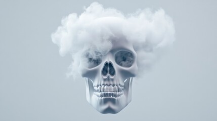 White skull emerging from white smoke or vapor on a pale background, ideal for concepts of death, vaping, or halloween.