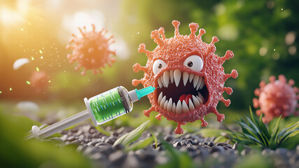 cartoonish virus with big teeth and fangs is attacking syringe in vibrant, green environment. scene conveys sense of urgency and humor in context of health
