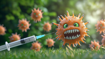 cartoon virus with green eyes and sharp teeth is being approached by syringe in vibrant green environment. scene conveys playful yet cautionary message about health