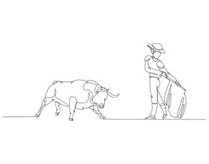 Continuous line drawing of spanish matador. Single line illustration of Bullfighter, Torero, Bull. International matador concept. Editable outline