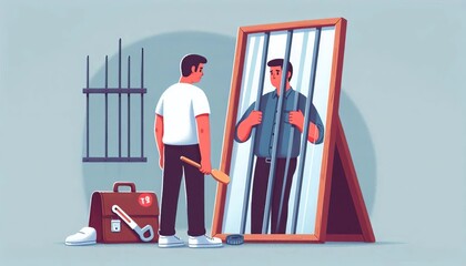 Technician looking at mirror reflecting societal standards as prison bars