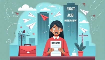 Stressed young woman holding resume, preparing for first job interview