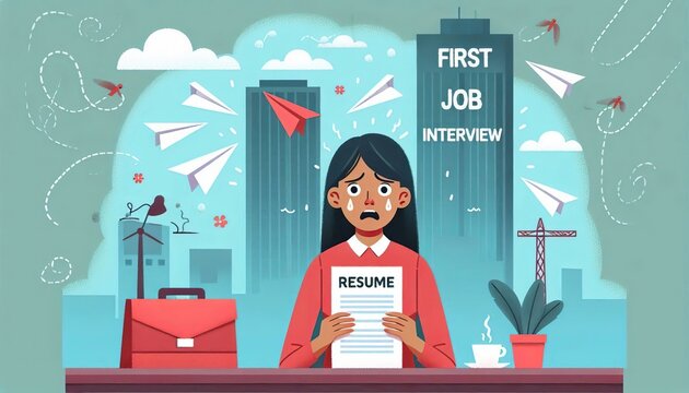 Stressed young woman holding resume, preparing for first job interview