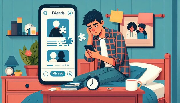 Teenager experiencing FOMO, fear of missing out, looking at friends social media stories on smartphone in his bedroom