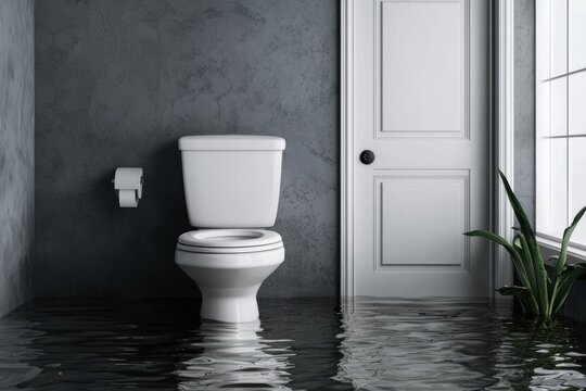 A flooded bathroom featuring a toilet, with water covering the floor and a door in the background.