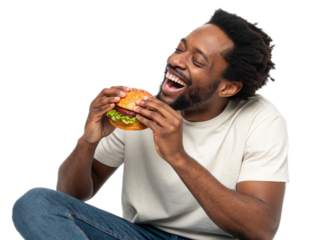 Man eating burger isolated on white background
