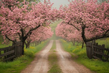 Naklejka premium Road through cherry blossom trees in spring
