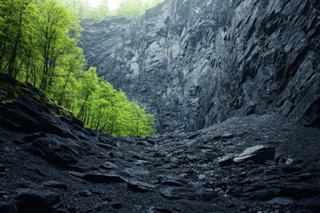 Narrow canyon with rugged black walls