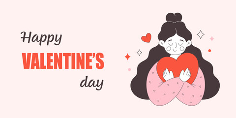 Valentines Day greeting card with woman hugging red heart. Love yourself. Self-care and acceptance. Mental health concept. Vector doodle illustration, hand drawn design