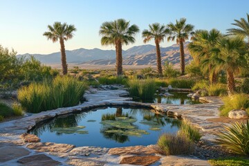 Obraz premium Luxury pool surrounded by palm trees and rocks