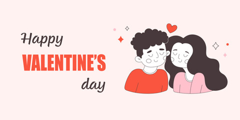 Valentines Day greeting card with cute happy love couple. Young woman and man falling in love. Vector illustration in flat style