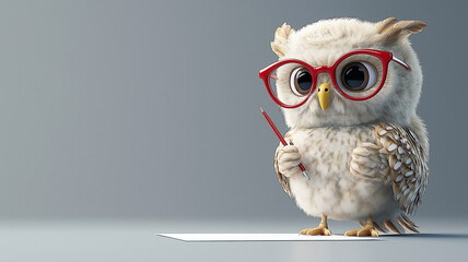 cute owl wearing red glasses holds pencil, standing on white sheet. owl fluffy feathers and large eyes create whimsical and engaging scene