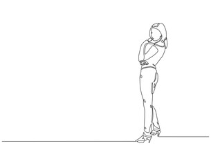 Continuous line drawing of woman pose standing. Single line illustration of lady standing. Beautiful, Female, International women's day concept. Editable outline