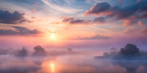 Fototapeta premium Scenic sunrise over misty lake with vibrant clouds