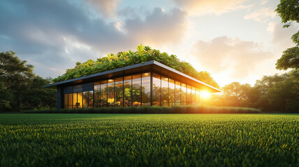 modern greenhouse with glass walls and lush green roof, surrounded by trees and grass, illuminated by warm sunset. scene evokes tranquility and harmony with nature