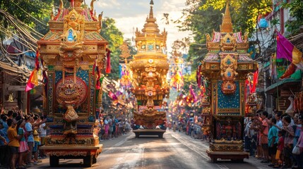 traditional Songkran parade in Thailand beautifully decorated floats and performers in colorful Thai costumes street lined with cheering spectators in the afternoon sun Stock Photo with side copy